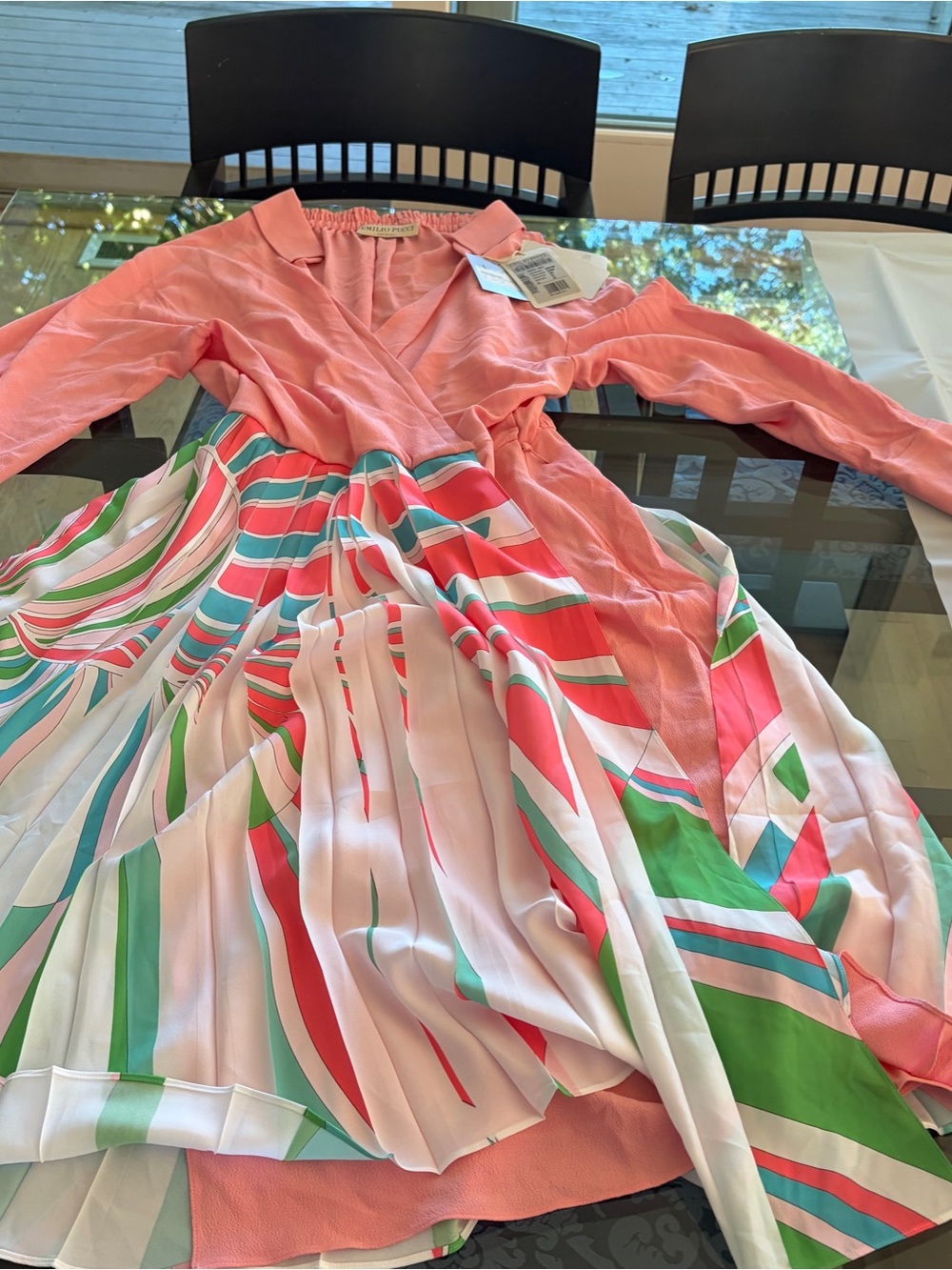 Emilio Pucci Coral Pink Knee Length Dress with White, Green and Pink Striped